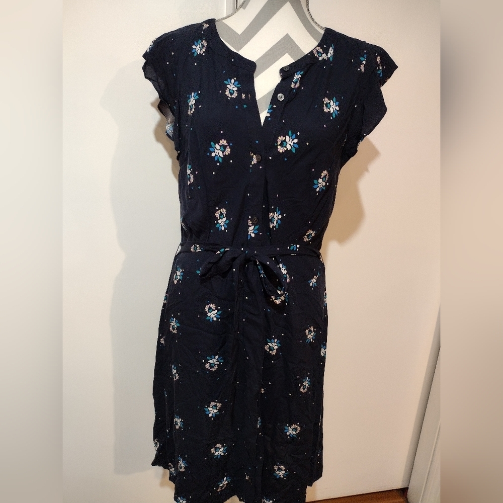 Loft Outlet button front dress with belt. Flutter sleeve/navy blue 14